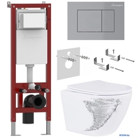 Унитаз подвесной Roxen Antares Tornado в комплекте с инсталляцией Asten Readle Zentralmodul с кнопкой сатин (хром матовый) - фото