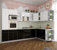 Готовая кухня Интерлиния Мила Пластик 1.88x3.2 правая (черный/белый глянец/опал светлый) - фото