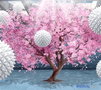 Фотообои ФабрикаФресок 3D Шары на фоне сакуры 833270 (300x270) - фото