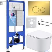 Унитаз подвесной Roxen Simple compact в комплекте с инсталляцией StounFix Dual Fresh 6 в 1 968026 (кнопка: золото глянцевое ) - фото
