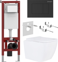Унитаз подвесной Roxen Cube в комплекте с инсталляцией Asten Readle Zentralmodul AR0601-135B с черной матовой кнопкой - фото